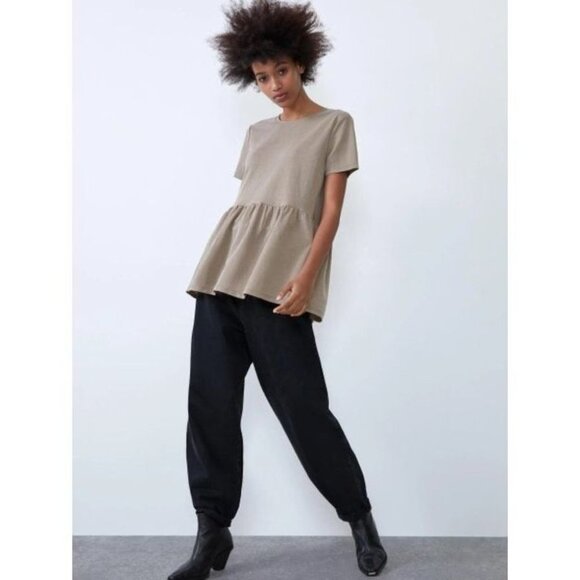Zara Peplum Short Sleeve Top Khaki Size  S - Picture 7 of 15